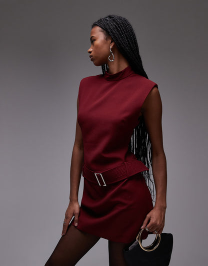 High Neck Belted Mini Dress