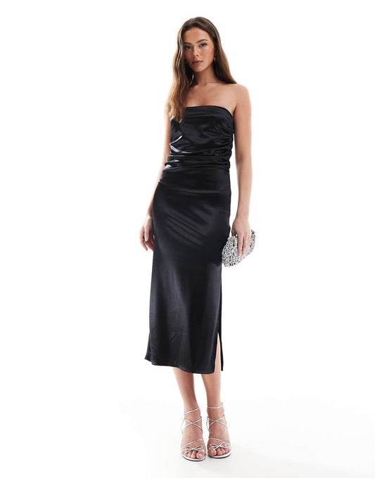 Satin Look Bandeau Ruched Midi Dress