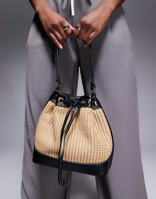 Straw Bucket Shoulder Bag With Contrast Stitching