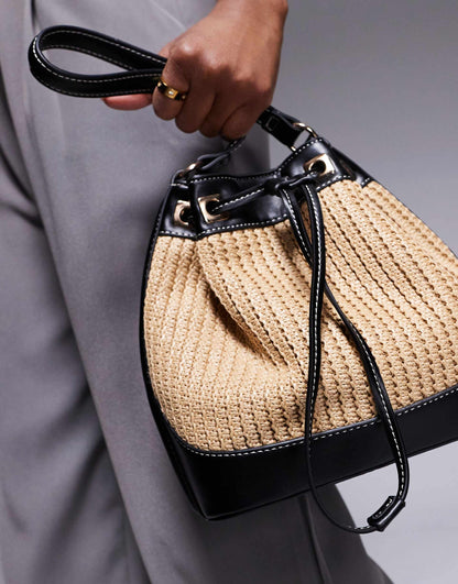 Straw Bucket Shoulder Bag With Contrast Stitching