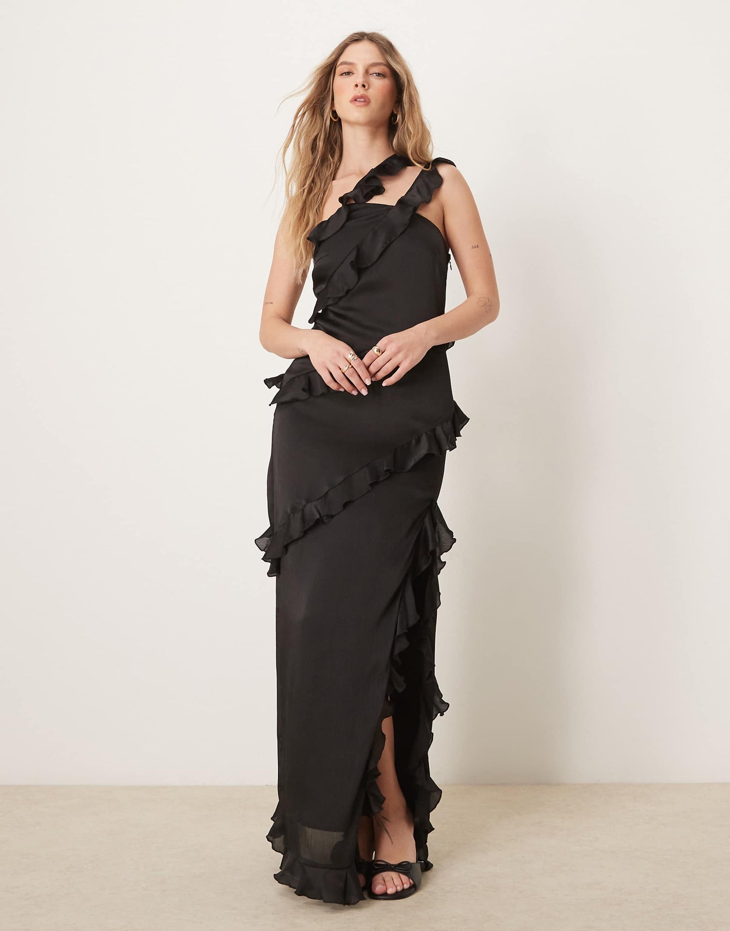 Asymmetric Ruffle One Shoulder Maxi Dress