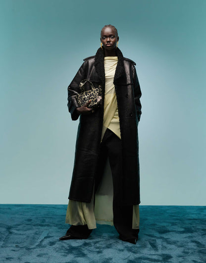 Longline Borg Faux Leather Coat
