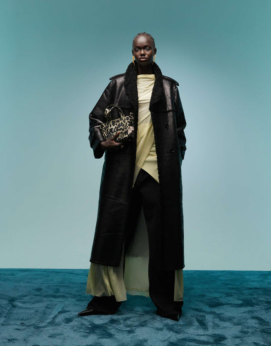 Longline Borg Faux Leather Coat