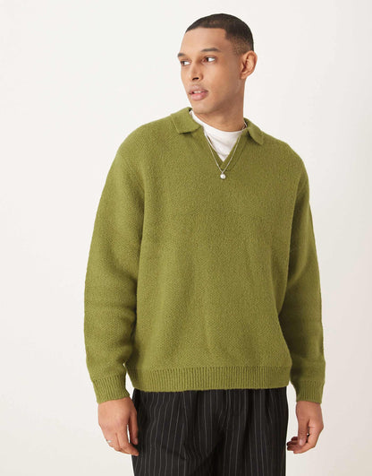 Oversized Brushed Knitted Notch Polo
