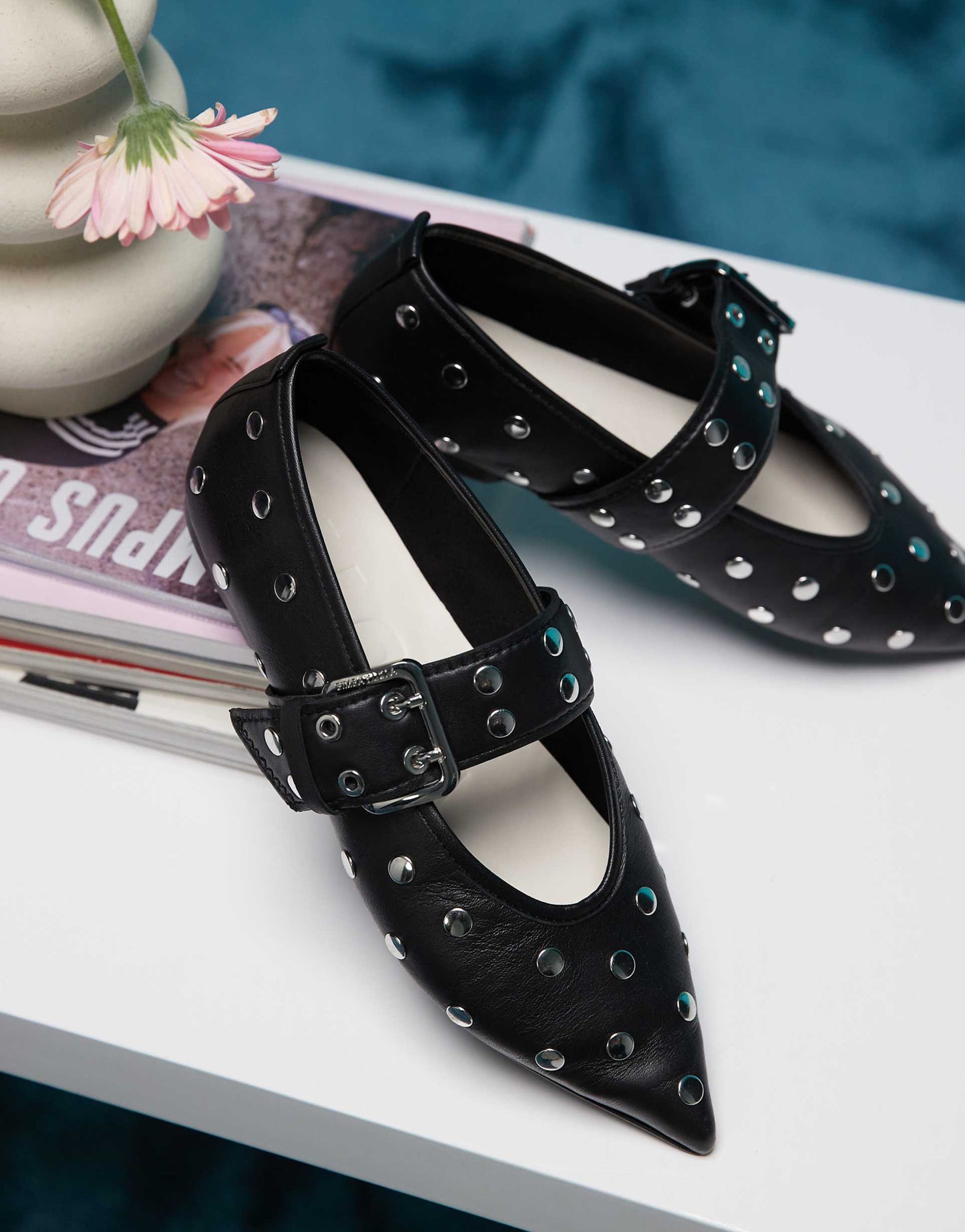 Pointed Studded Pumps With Buckle Straps