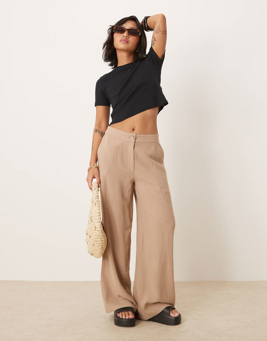 Petite Relaxed Straight Leg Trousers With Linen