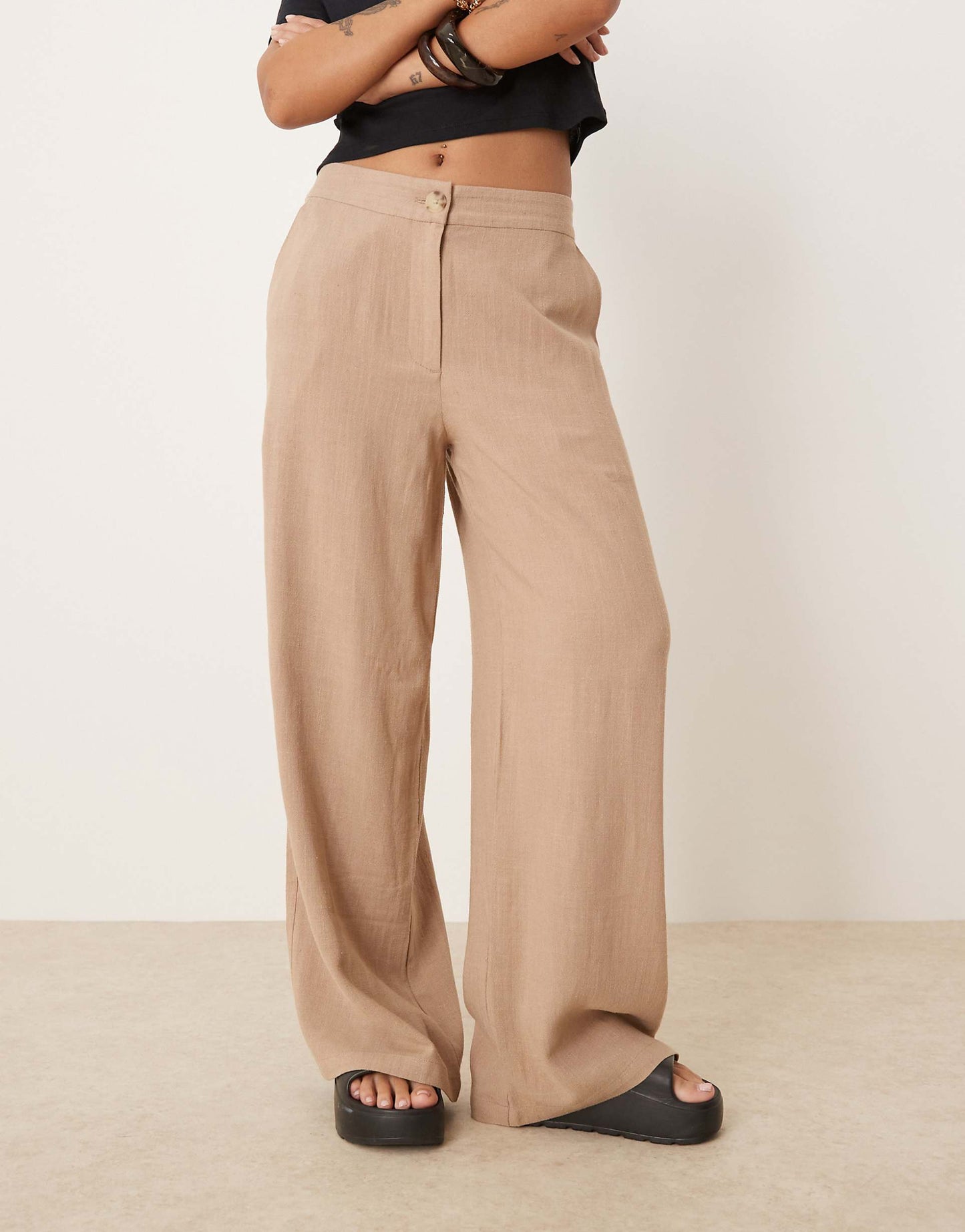 Petite Relaxed Straight Leg Trousers With Linen