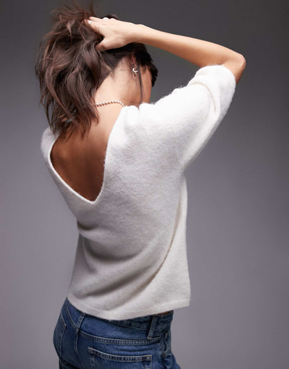 Alpaca Wool Blend Knitted  Top With V-Back