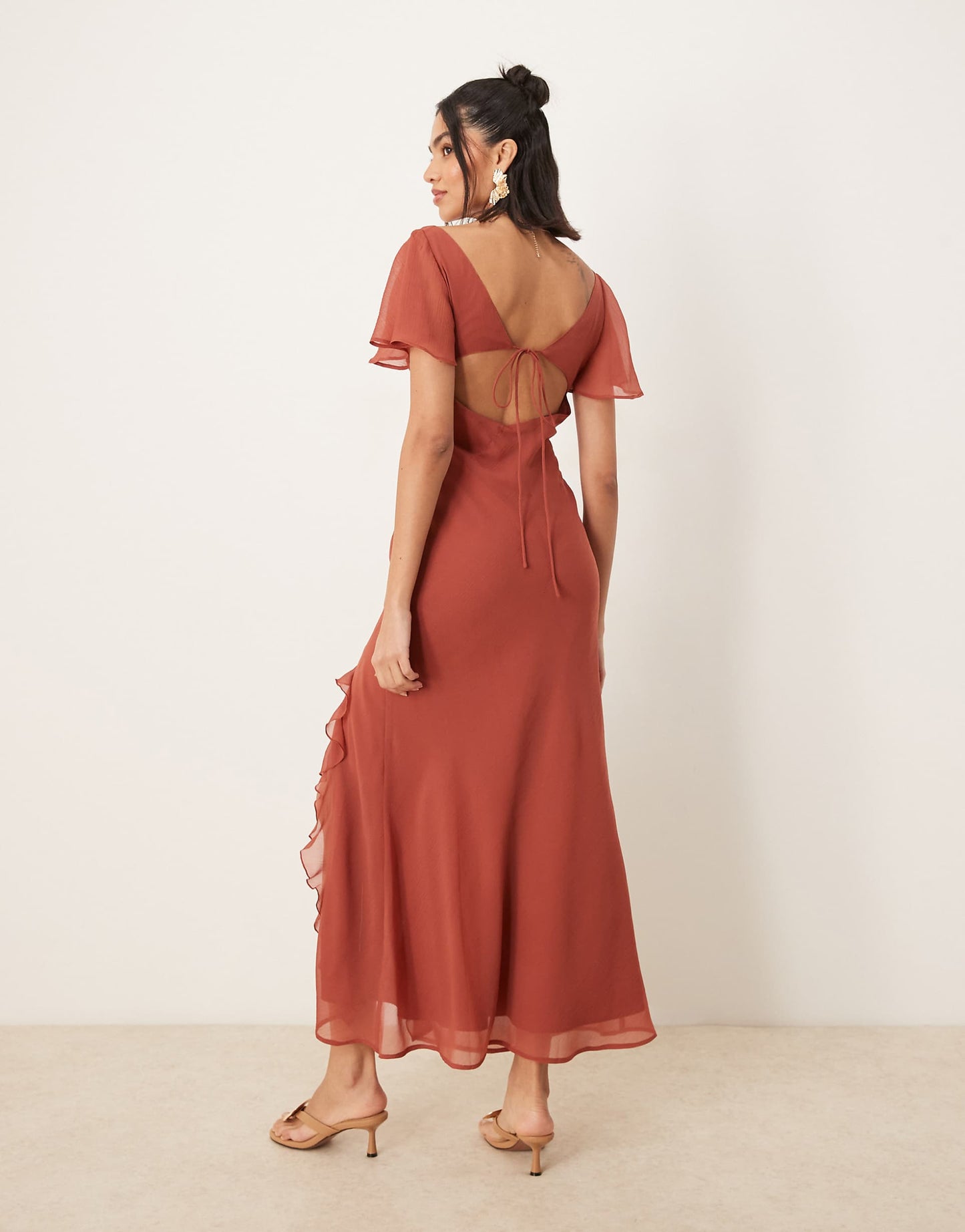 Flutter Sleeve Lace Trim Ruffle Split Midaxi Dress With Open Back