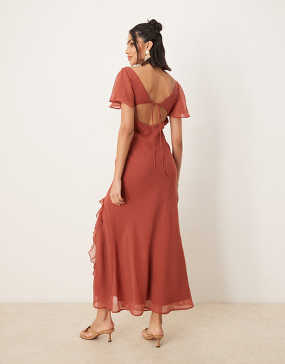 Flutter Sleeve Lace Trim Ruffle Split Midaxi Dress With Open Back