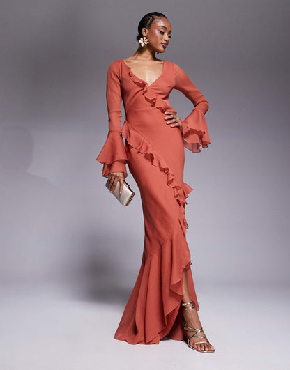 Tall V Neck Long Sleeve Ruffle Maxi Dress With Cut Out Back