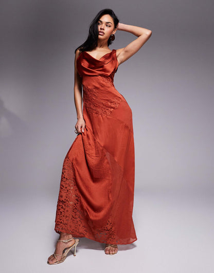 Cowl Neck Satin Maxi Dress With Lace Panelling
