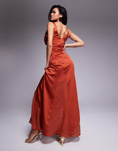 Cowl Neck Satin Maxi Dress With Lace Panelling