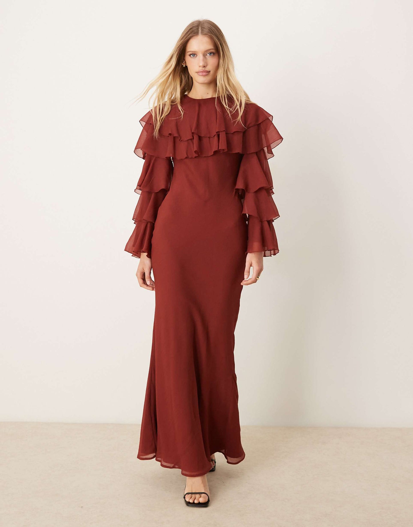 Tiered Ruffle Overlay Bias Maxi Dress