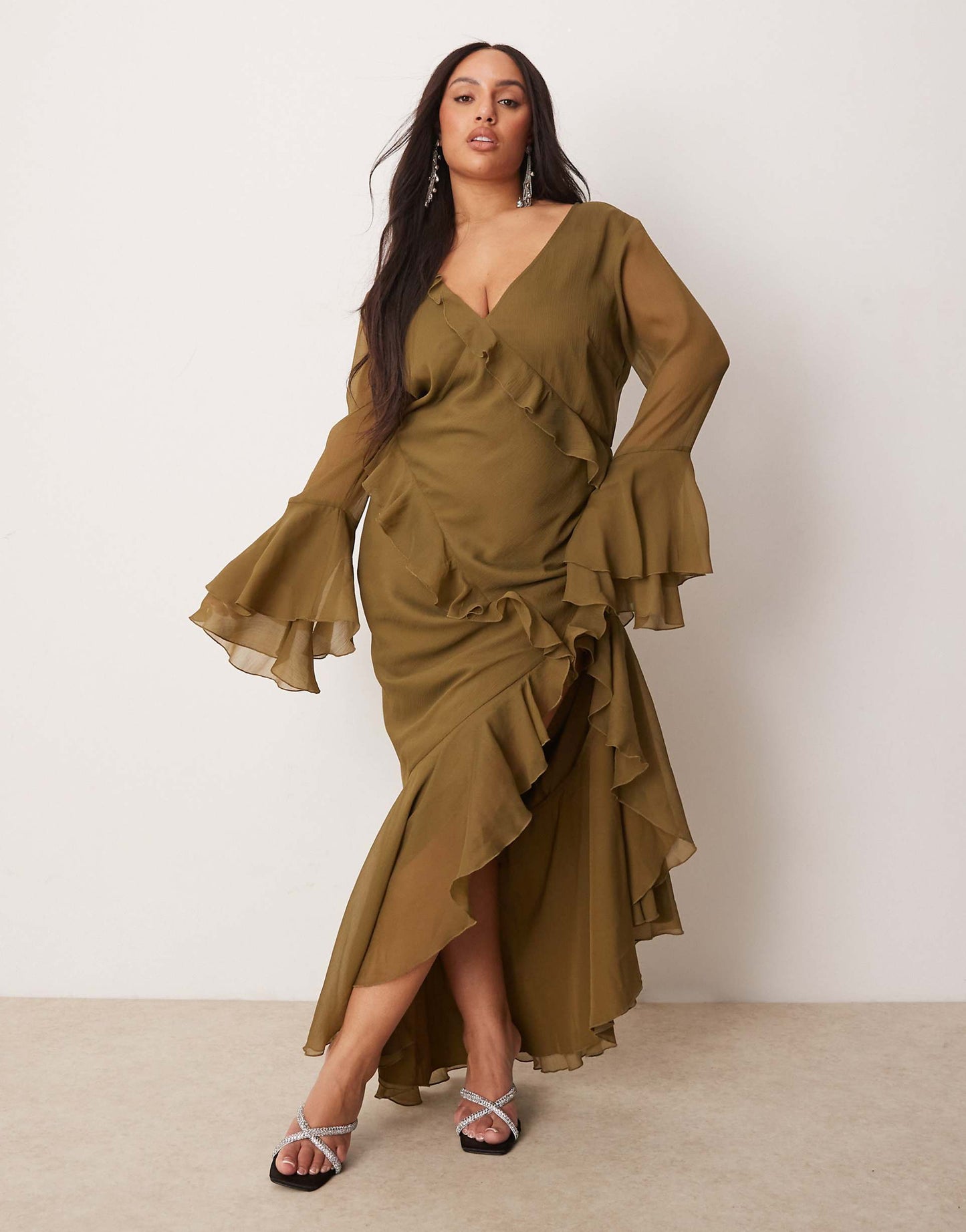 Curve V Neck Long Sleeve Ruffle Maxi Dress With Cut Out Back