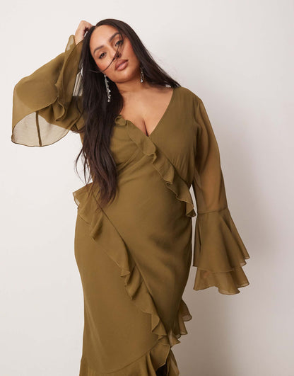 Curve V Neck Long Sleeve Ruffle Maxi Dress With Cut Out Back