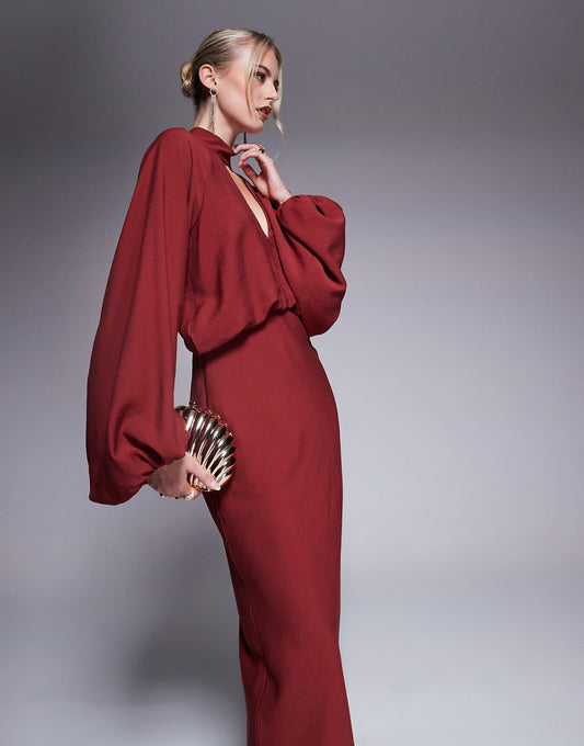 Tall High Neck Plunge Maxi Dress With Blouson Sleeves