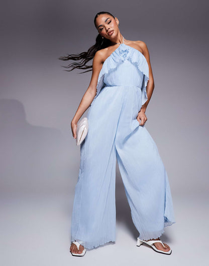 Textured Halter Wide Leg Jumpsuit With Frill Detail