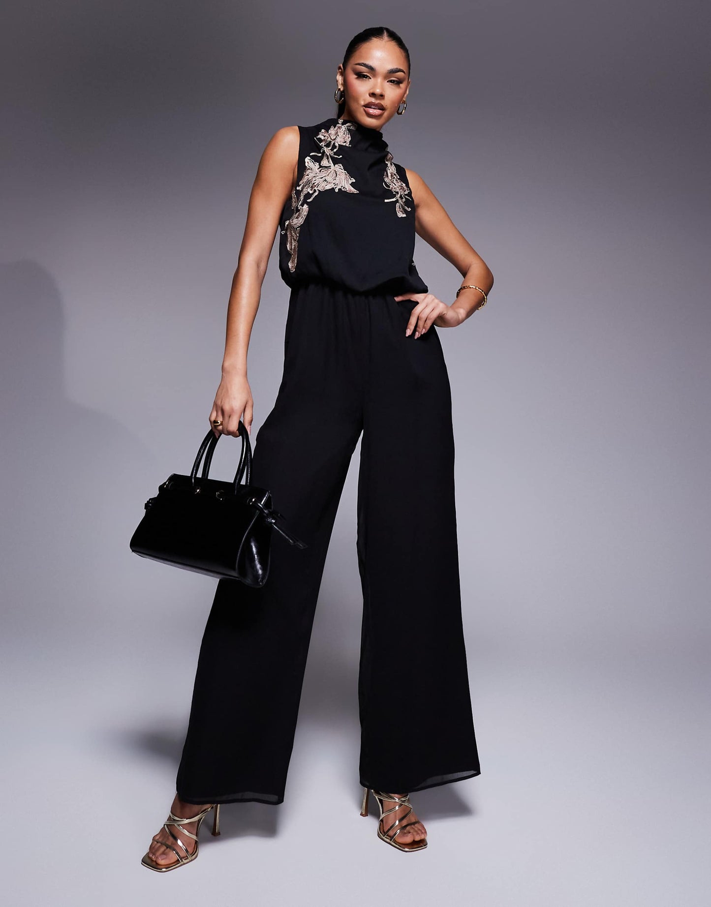 Cowl Neck Embroidered Wide Leg Jumpsuit
