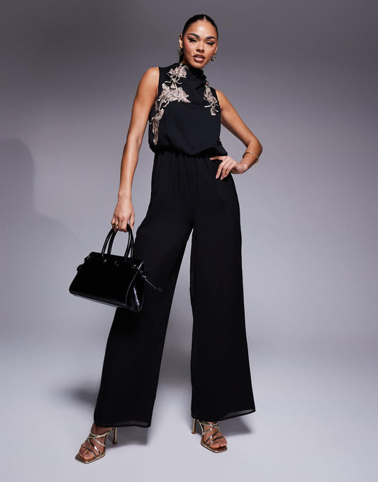 Cowl Neck Embroidered Wide Leg Jumpsuit