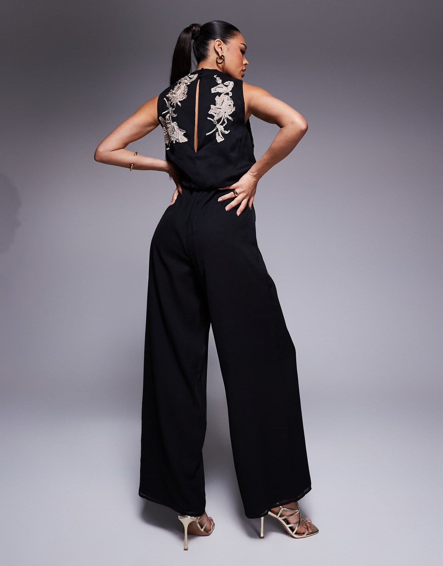 Cowl Neck Embroidered Wide Leg Jumpsuit