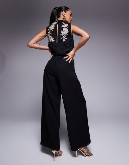 Cowl Neck Embroidered Wide Leg Jumpsuit