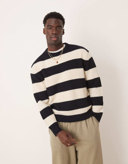 Oversized Boxy Fit Knitted Fisherman Rib Jumper With Stripe