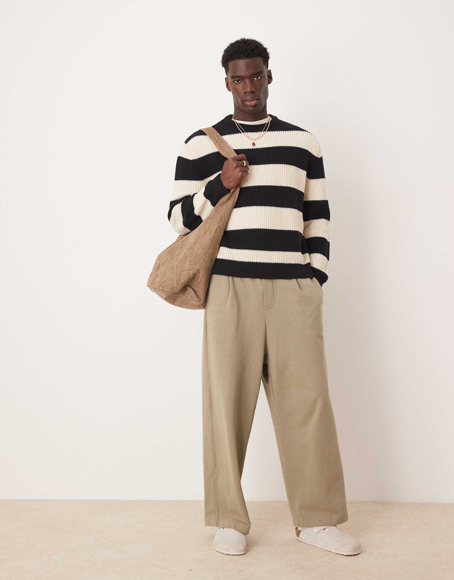 Oversized Boxy Fit Knitted Fisherman Rib Jumper With Stripe
