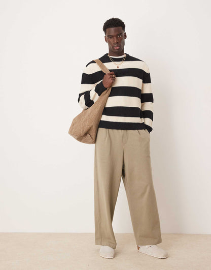 Oversized Boxy Fit Knitted Fisherman Rib Jumper With Stripe