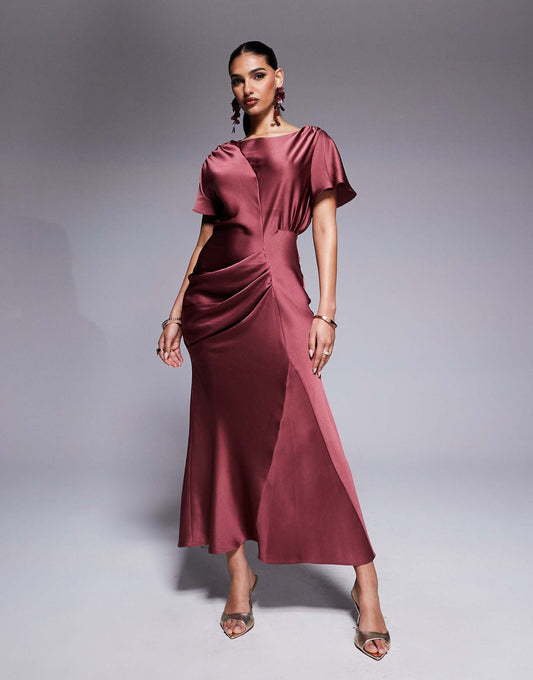 Satin Flutter Sleeve Maxi Dress