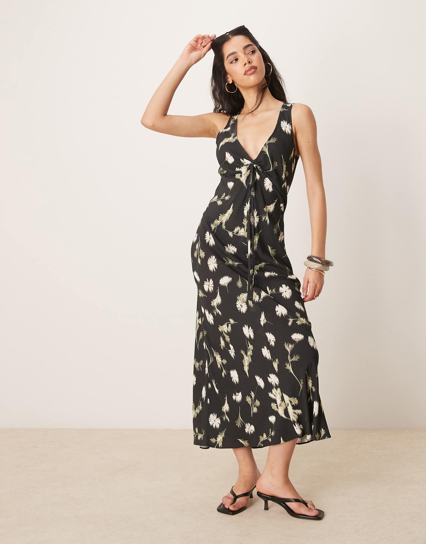 V Neck Ruched Tie Midi Dress