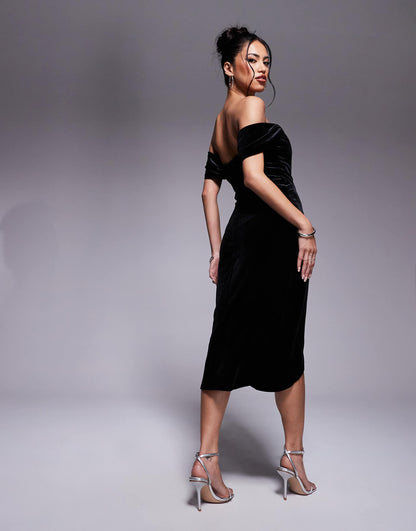 Draped Shoulder Velvet Corset Midi