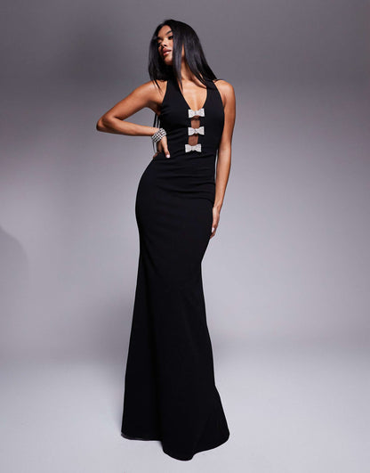 Embellished Diamante Bow Mermaid Halter Neck Maxi Dress