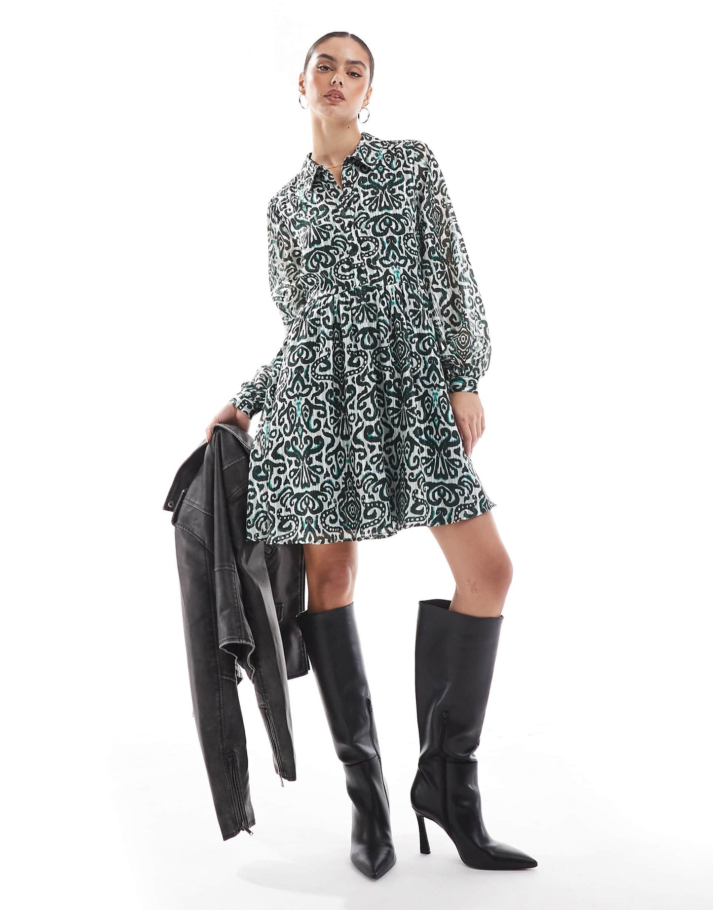 Damask Print Smock Mini Shirt Dress