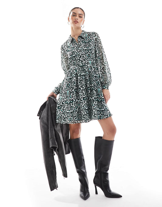 Damask Print Smock Mini Shirt Dress