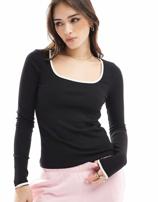 Contrast Trim Square Neck Top