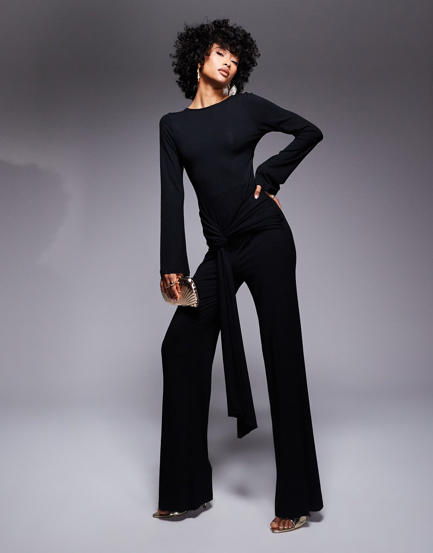 Long Sleeve Sash Waist Jumpsuit With Open Back