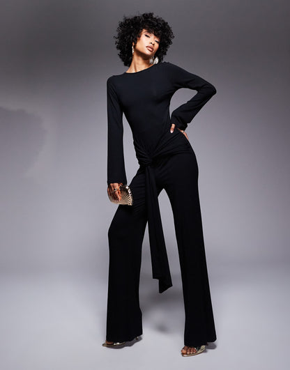 Long Sleeve Sash Waist Jumpsuit With Open Back
