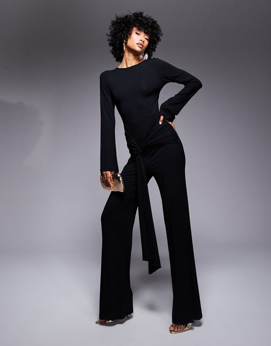 Long Sleeve Sash Waist Jumpsuit With Open Back