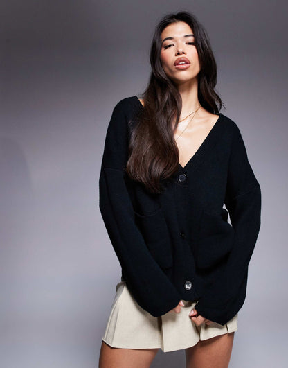 Dropped Shoulder V Neck Pocket Detail Cardigan