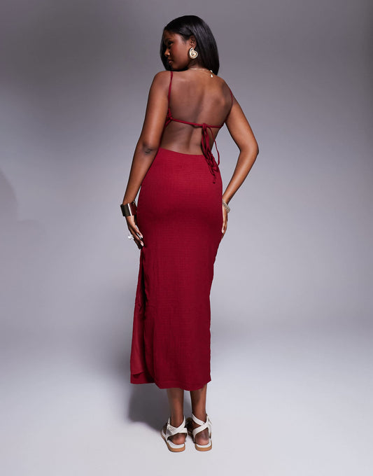 Textured Scoop Neck Open Tie Back Bodycon Midaxi Dress
