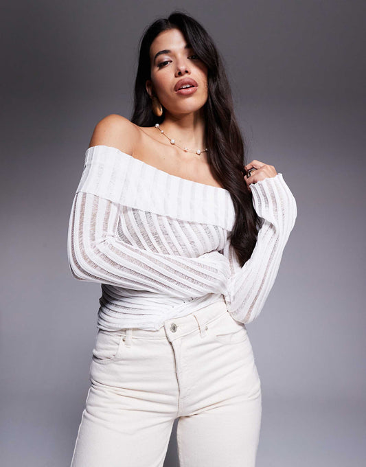 Cloud Sheer Laddered Panel Knitted Foldover Bardot Jumper