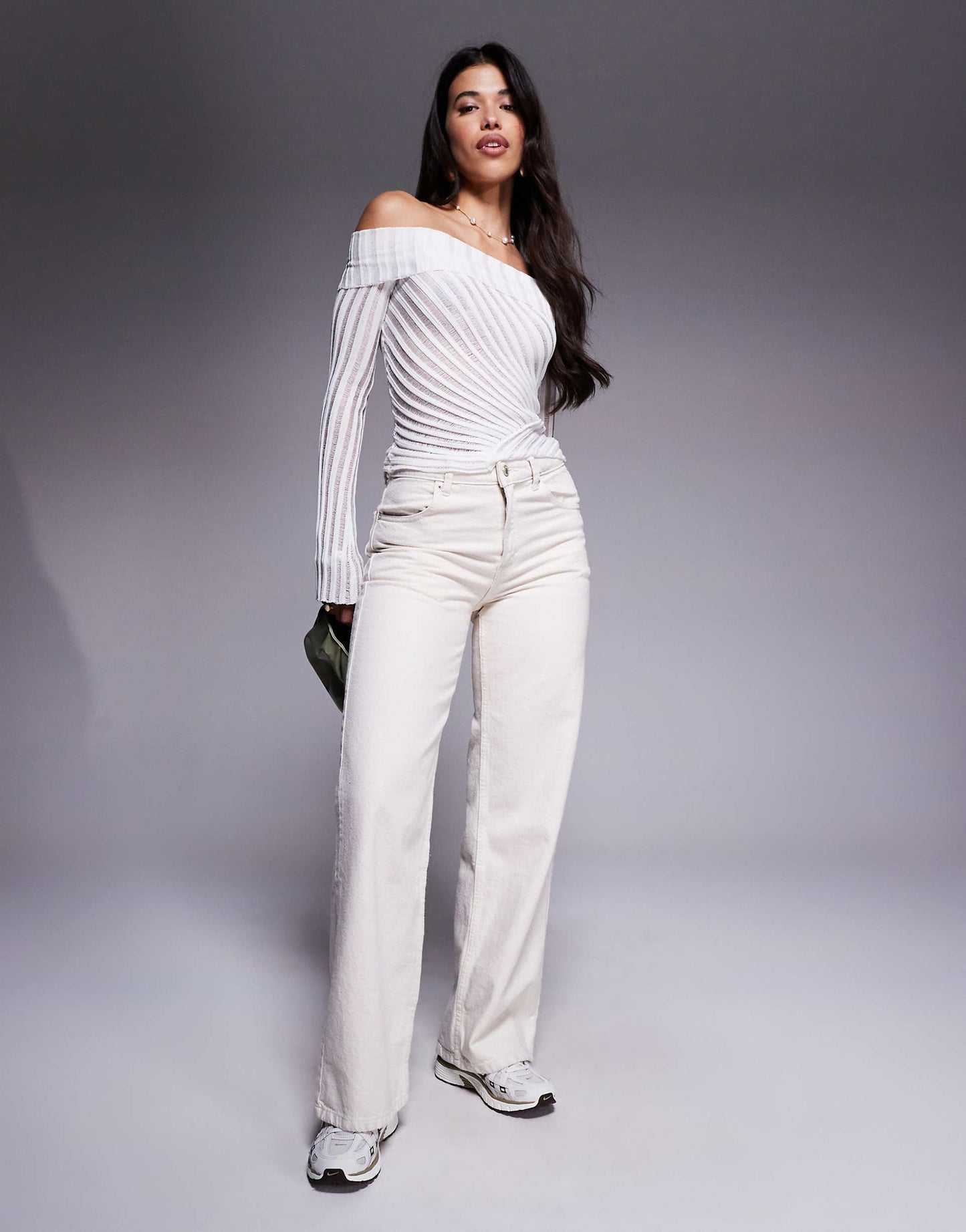 Cloud Sheer Laddered Panel Knitted Foldover Bardot Jumper