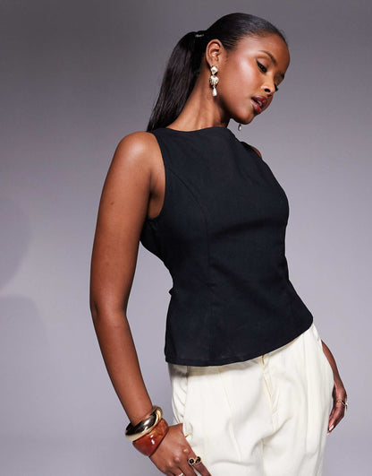 Linen Blend Sleeveless Open Tie Back Top