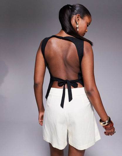 Linen Blend Sleeveless Open Tie Back Top