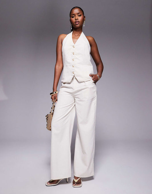 Tailored Halterneck Button Through Waistcoat And Wide Leg Trousers Full Set