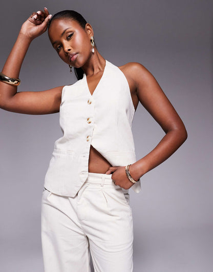 Tailored Halterneck Button Through Waistcoat And Wide Leg Trousers Full Set
