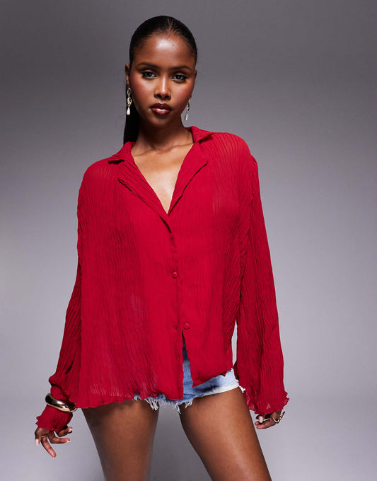 Plisse Lettuce Edge Flared Sleeve Shirt