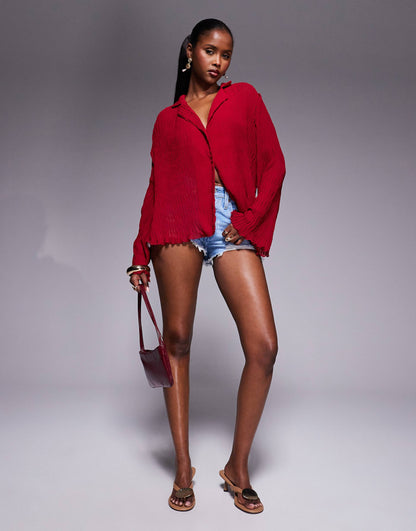 Plisse Lettuce Edge Flared Sleeve Shirt