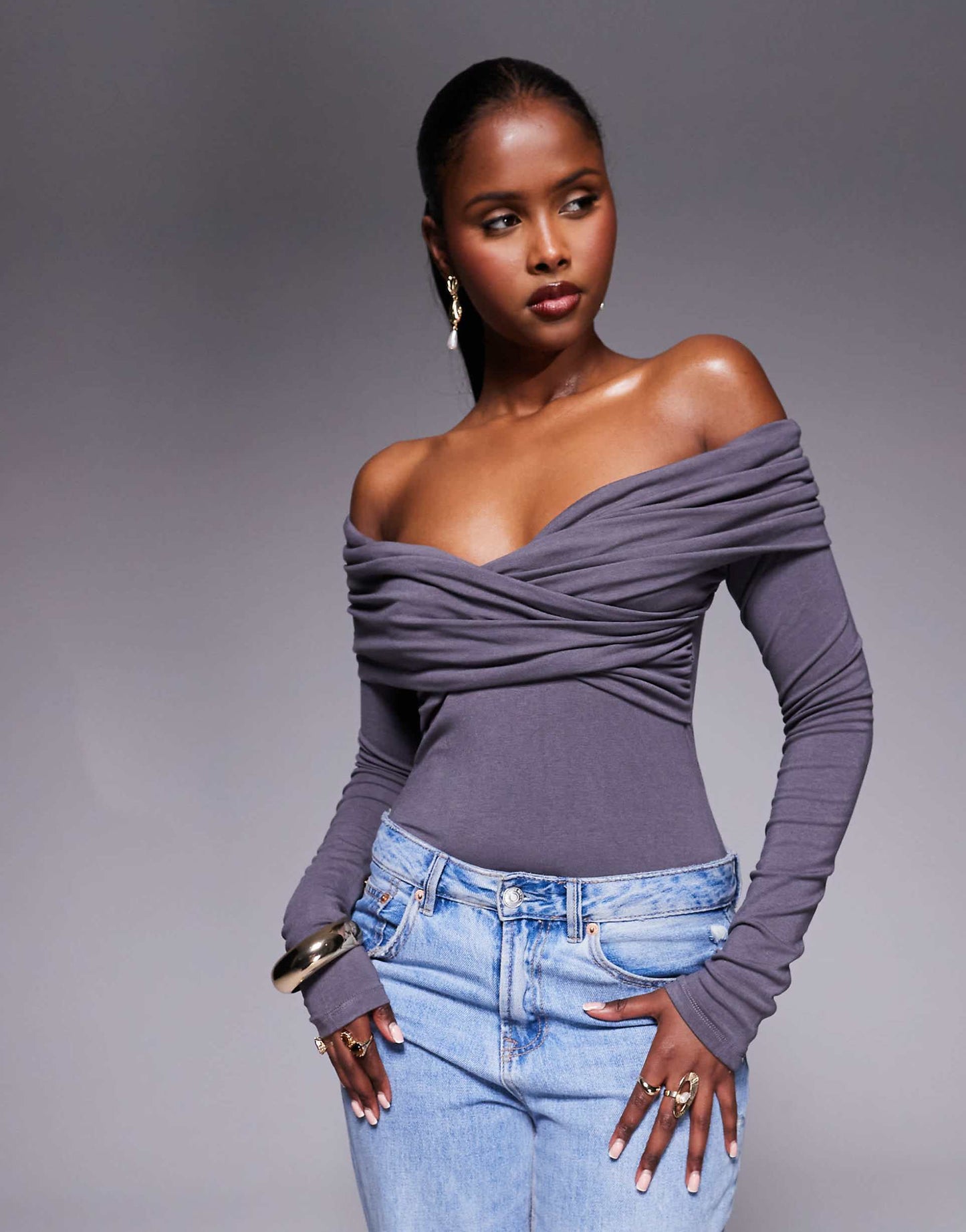 Ruched Drape Detail Bardot Long Sleeve Body